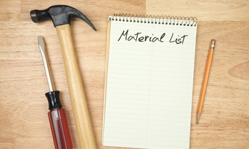Lista med nödvändiga material och verktyg